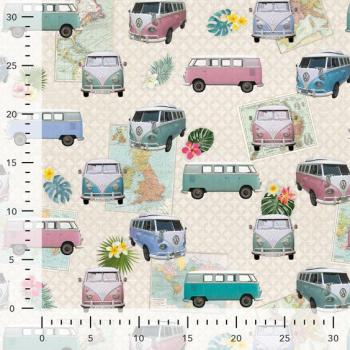 Preview: Dekostoff Halbpanama in Natur/Bunt mit Bulli, Blumen, Landkarten, Stoff in ganzer Breite